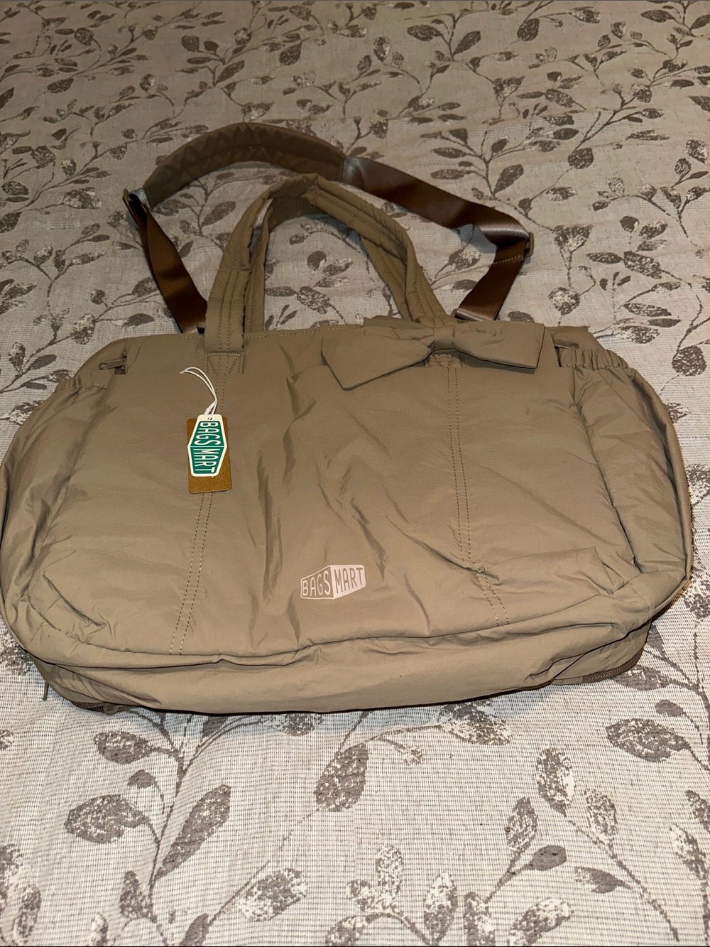 Tan Travel Duffel Bag with Bow Accent